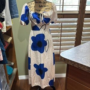 SHEIN Blue and White Puff Sleeve Sundress
